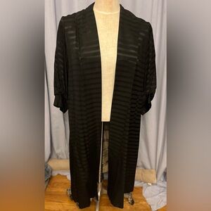 Vintage long, black satin open front coat/ one size/ 2 side pockets